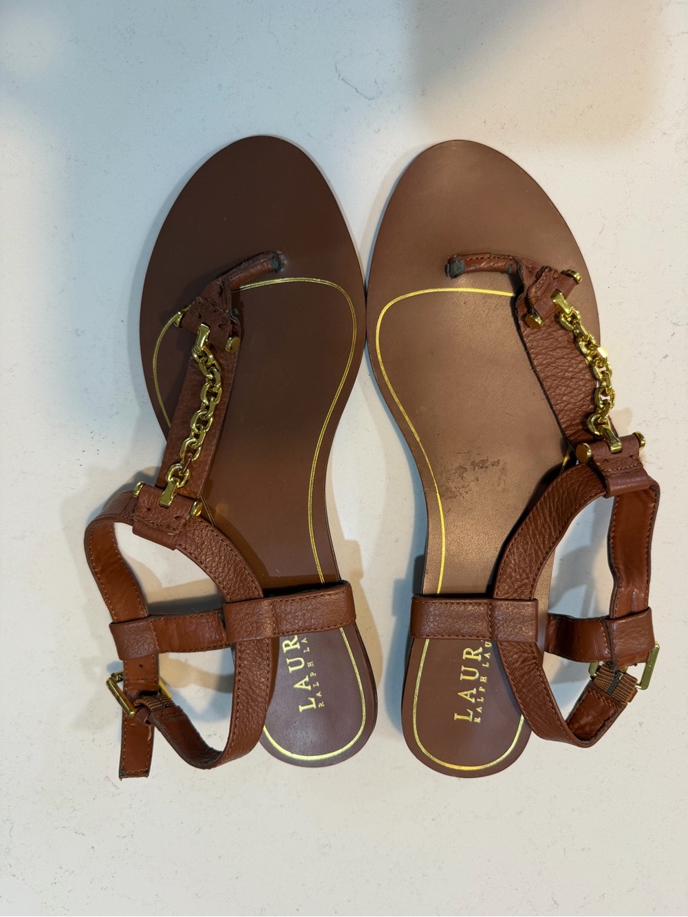 Lauren Ralph Lauren Brown Leather T-Strap Sandals with Gold Chain
